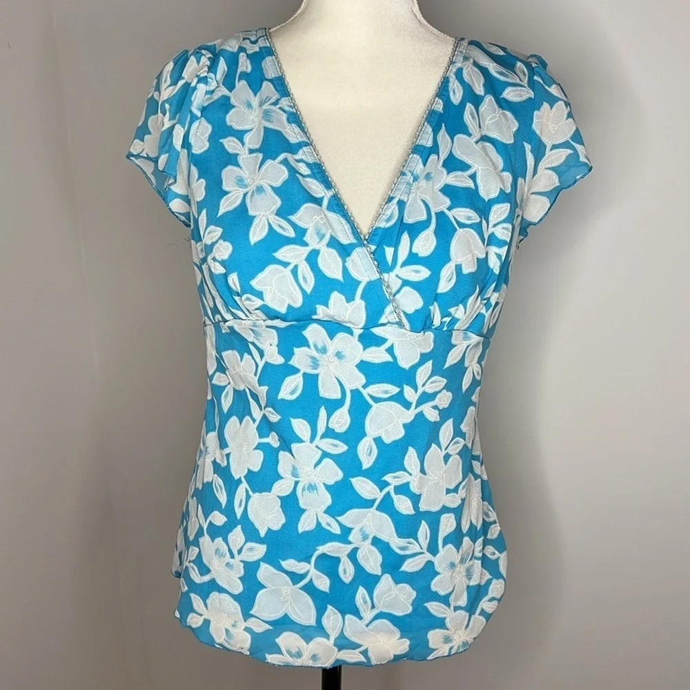 Vintage Y2K Teal Blue Floral Empire Waist V Neck Top Blouse Size L